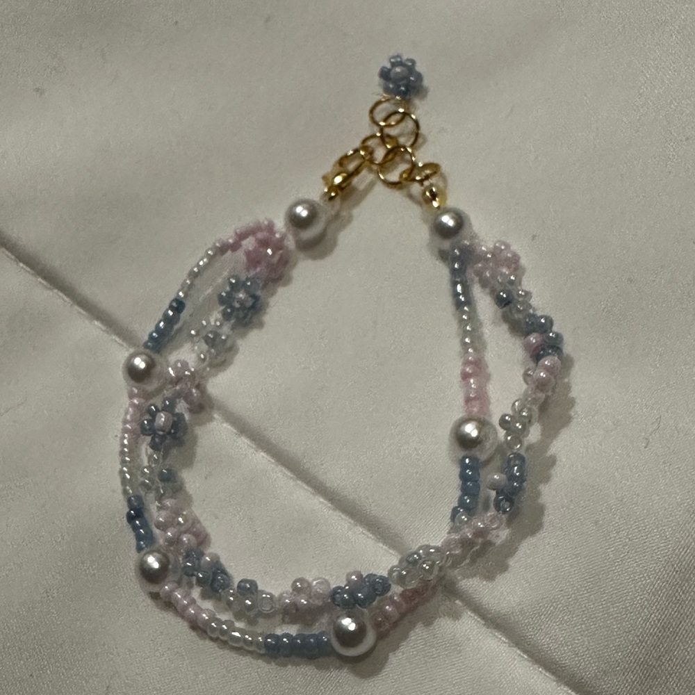 Handmade Blue and Pink Double-Strand Beaded Bracelet
